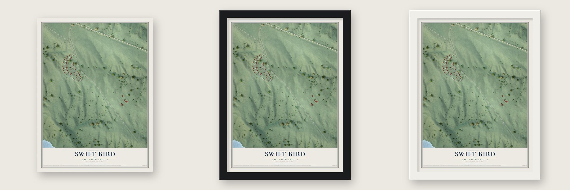 Swift Bird, South Dakota map unframed, in a black wood frame and in a white wood frame
