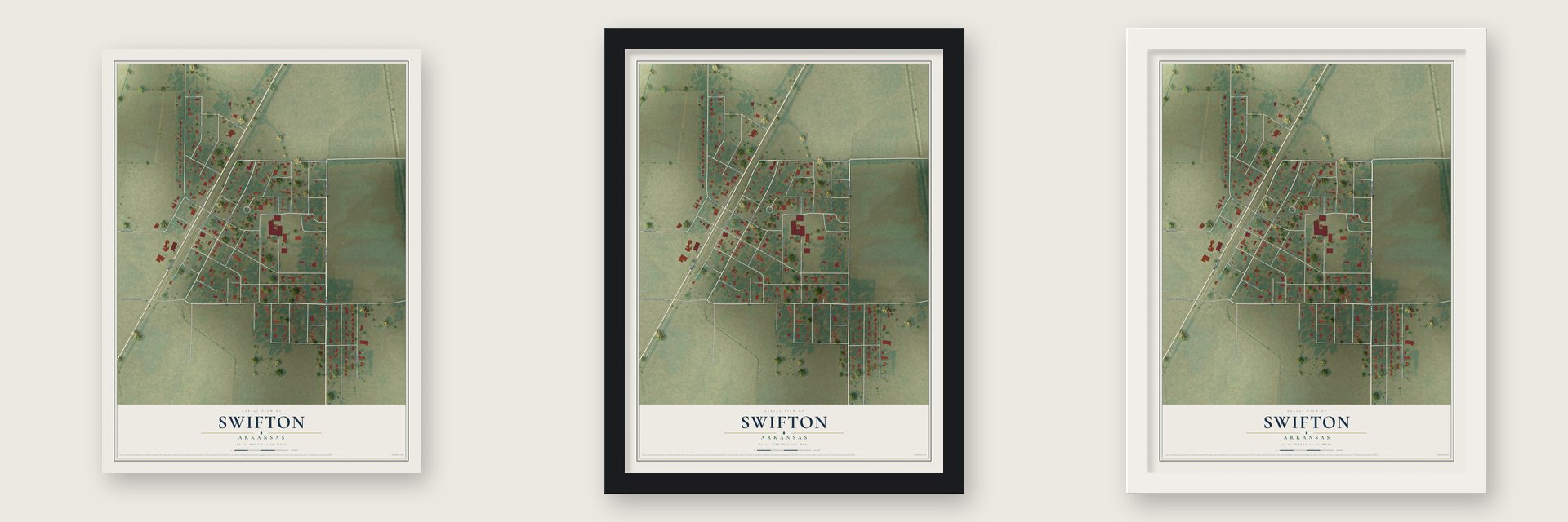 Swifton, Arkansas map unframed, in a black wood frame and in a white wood frame