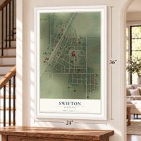 Swifton, Arkansas map, 24 x 36 inch print in a white frame by a staircase