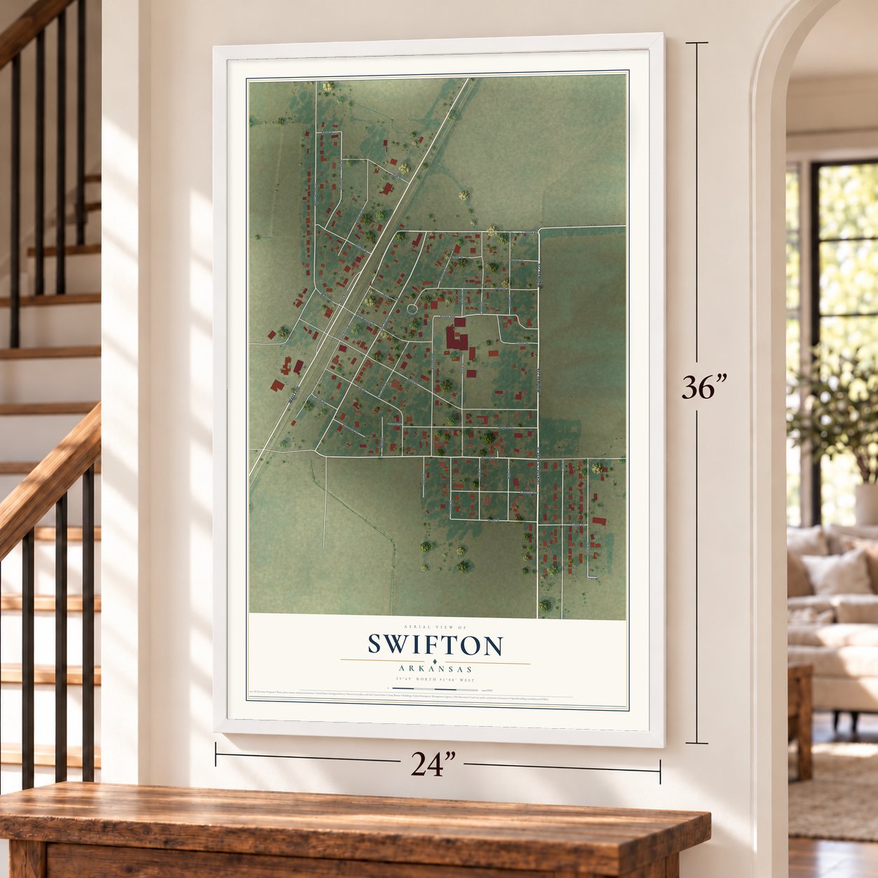 Swifton, Arkansas map, 24 x 36 inch print in a white frame by a staircase