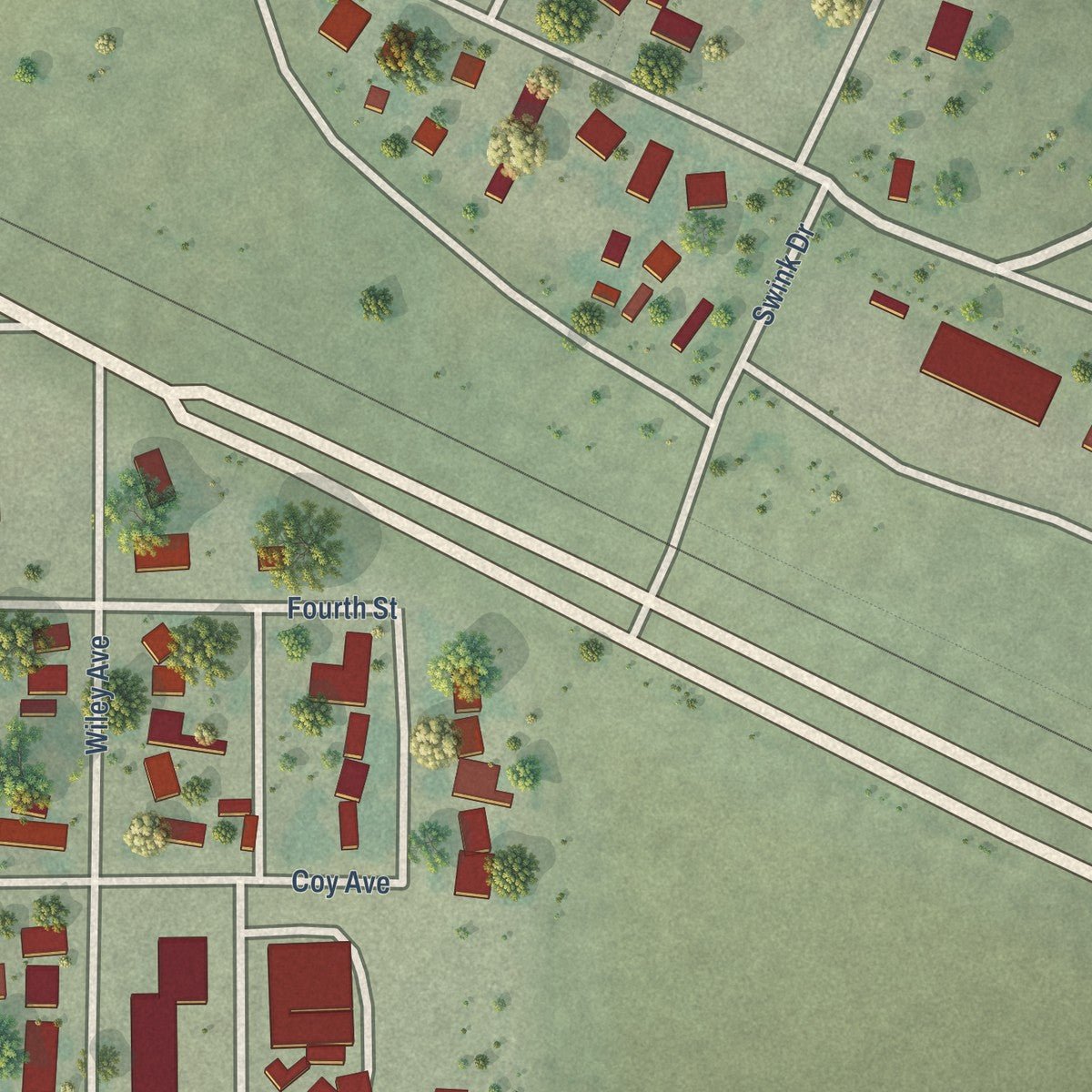 Second close-up of the map of Swink, Colorado print showing more streets and buildings