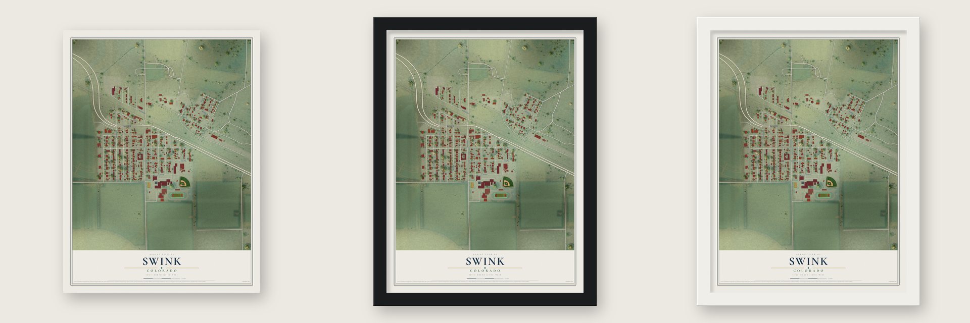 Swink, Colorado map unframed, in a black wood frame and in a white wood frame