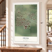 Swink, Colorado map, 24 x 36 inch print in a white frame by a staircase