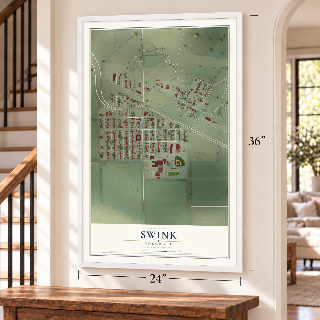 Swink, Colorado map, 24 x 36 inch print in a white frame by a staircase