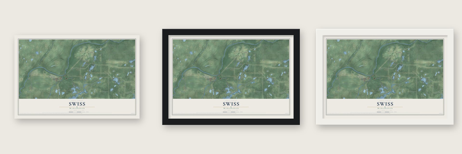 Swiss, Wisconsin map unframed, in a black wood frame and in a white wood frame