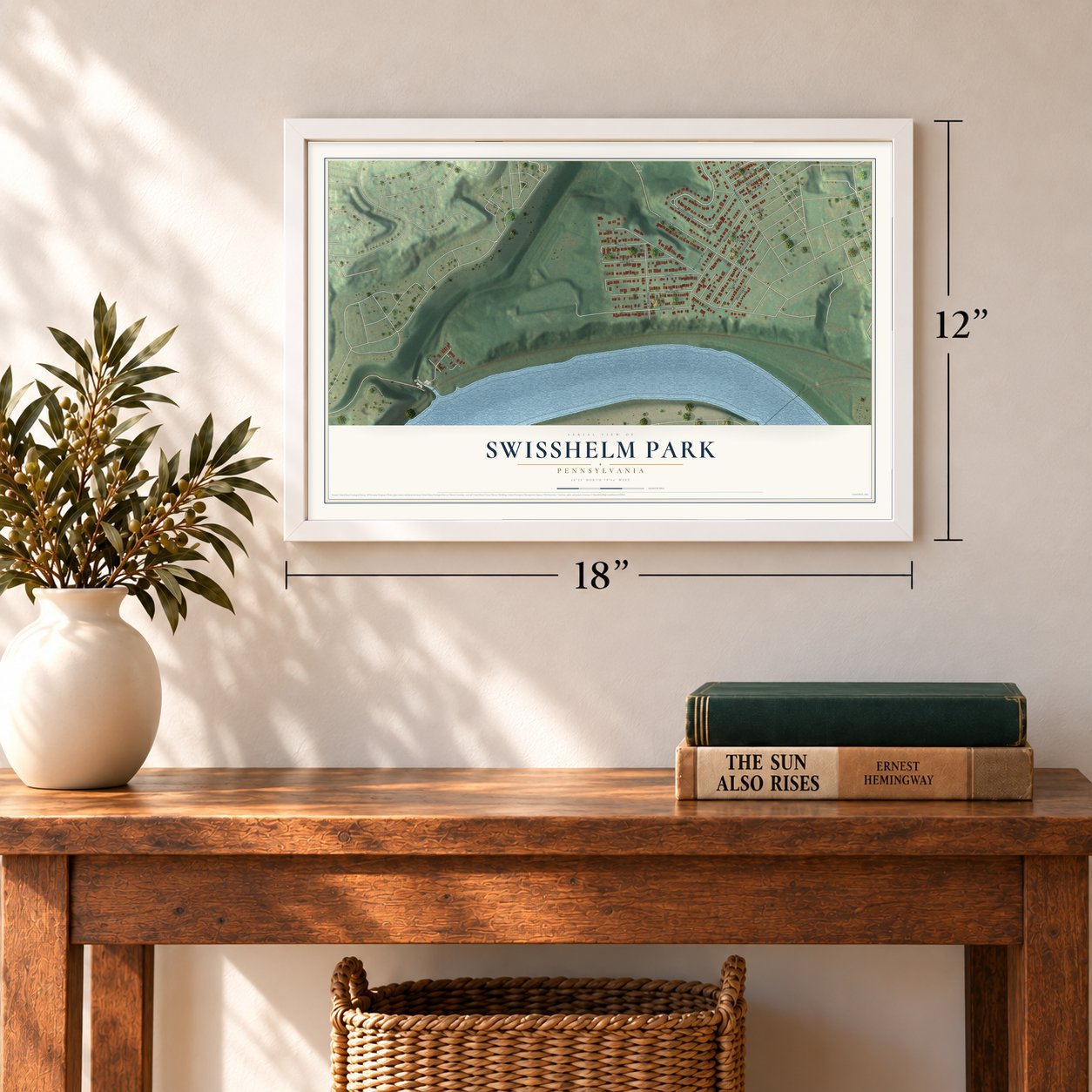 Swisshelm Park, Pennsylvania map, 12 x 18 inch print in a white frame in an entryway