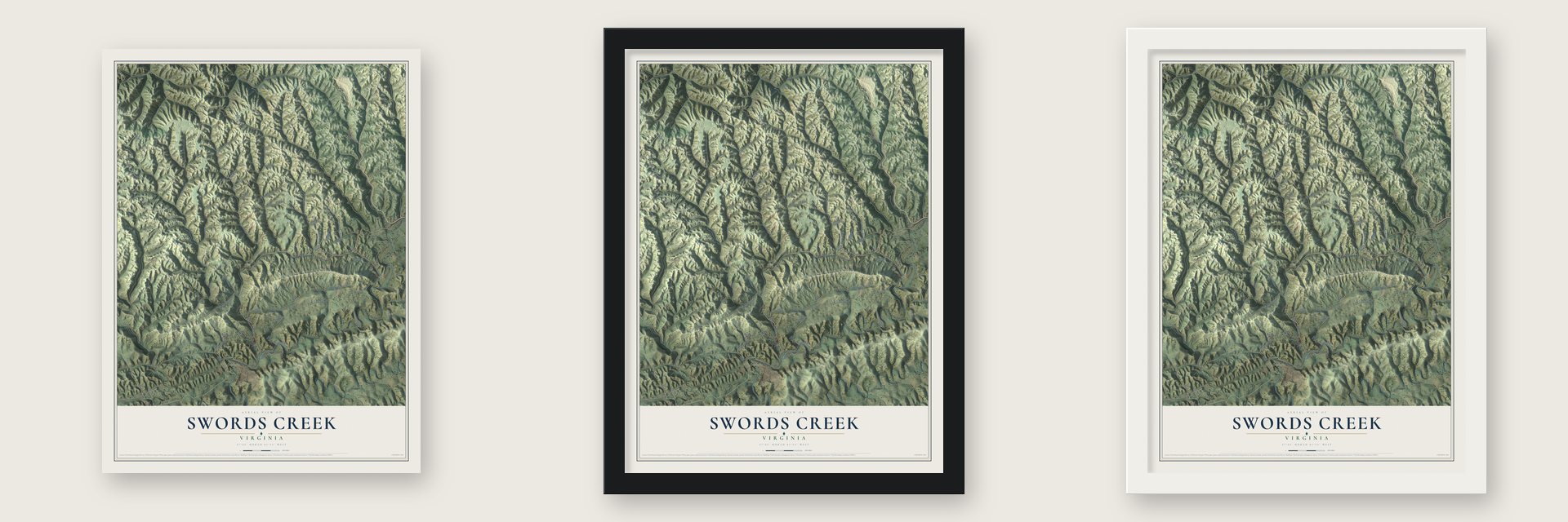 Swords Creek, Virginia map unframed, in a black wood frame and in a white wood frame