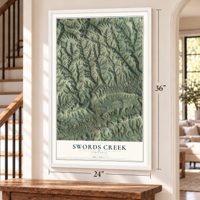 Swords Creek, Virginia map, 24 x 36 inch print in a white frame by a staircase
