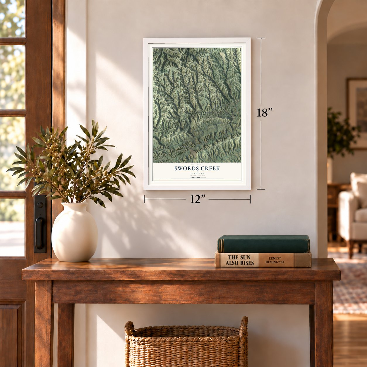 Swords Creek, Virginia map, 12 x 18 inch print in a white frame in an entryway