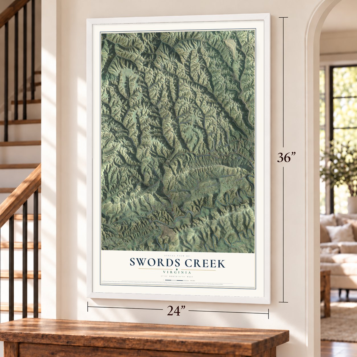Swords Creek, Virginia map, 24 x 36 inch print in a white frame by a staircase