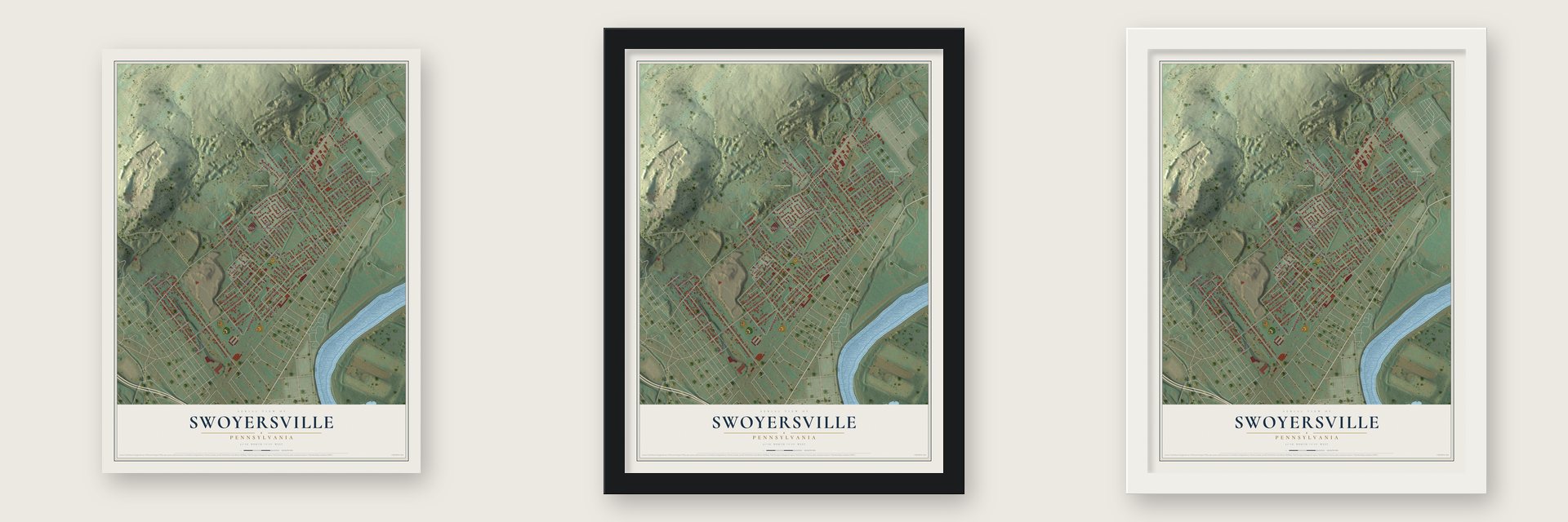 Swoyersville, Pennsylvania map unframed, in a black wood frame and in a white wood frame