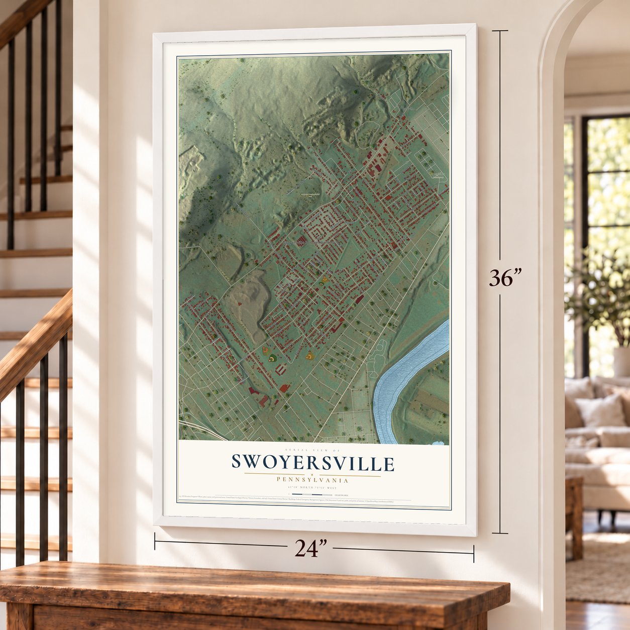 Swoyersville, Pennsylvania map, 24 x 36 inch print in a white frame by a staircase