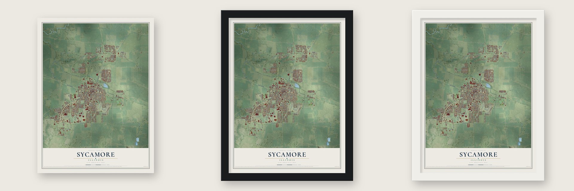 Sycamore, Illinois map unframed, in a black wood frame and in a white wood frame