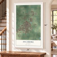 Sycamore, Illinois map, 24 x 36 inch print in a white frame by a staircase