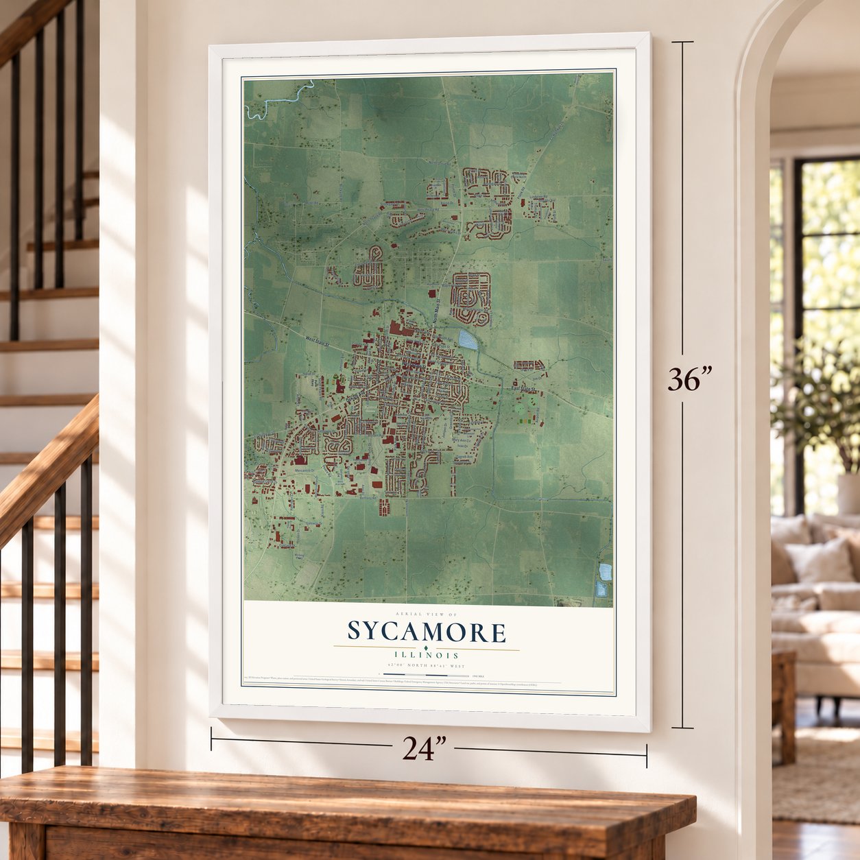 Sycamore, Illinois map, 24 x 36 inch print in a white frame by a staircase