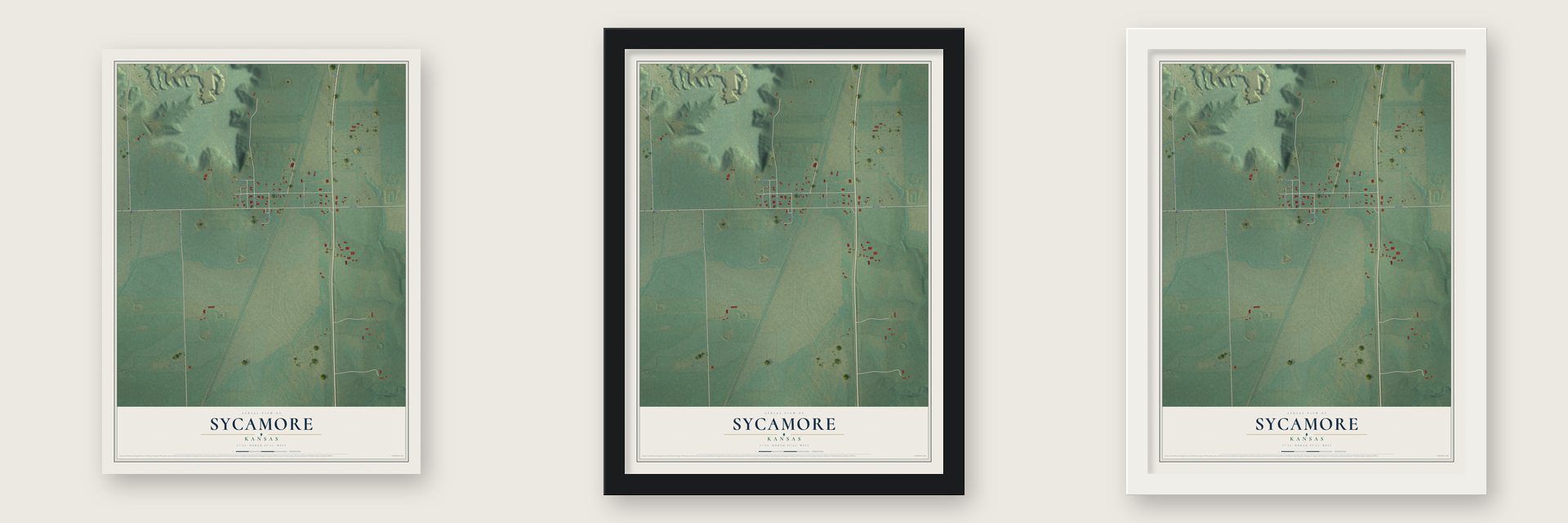 Sycamore, Kansas map unframed, in a black wood frame and in a white wood frame