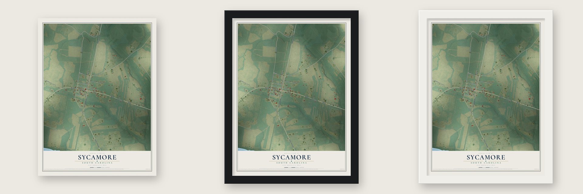 Sycamore, South Carolina map unframed, in a black wood frame and in a white wood frame