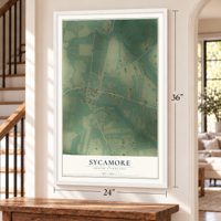 Sycamore, South Carolina map, 24 x 36 inch print in a white frame by a staircase