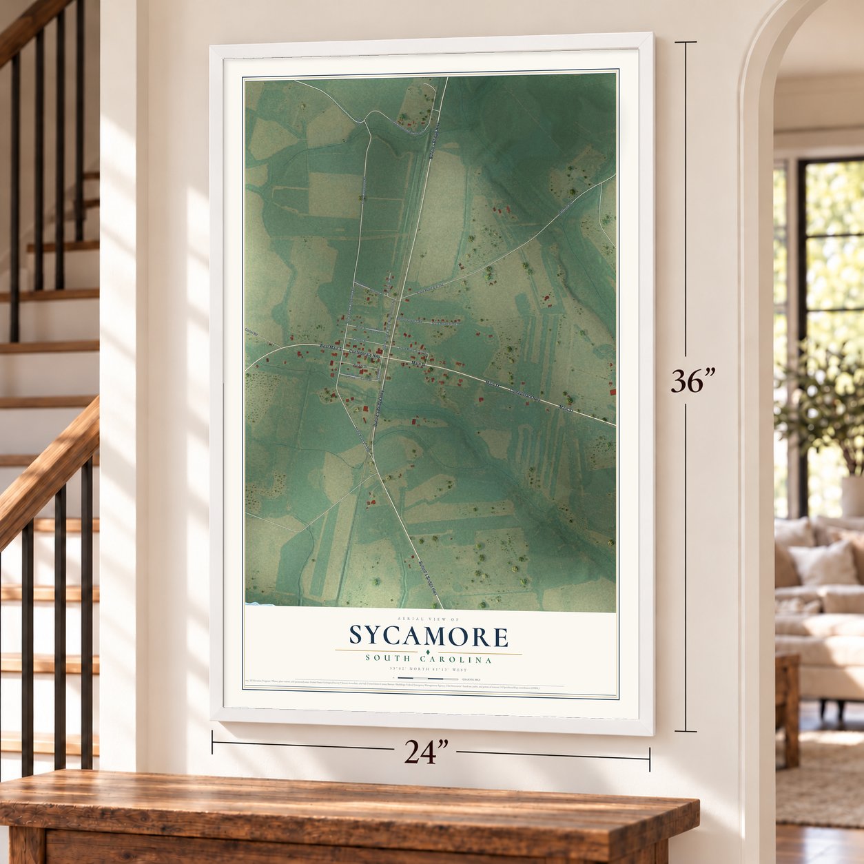 Sycamore, South Carolina map, 24 x 36 inch print in a white frame by a staircase