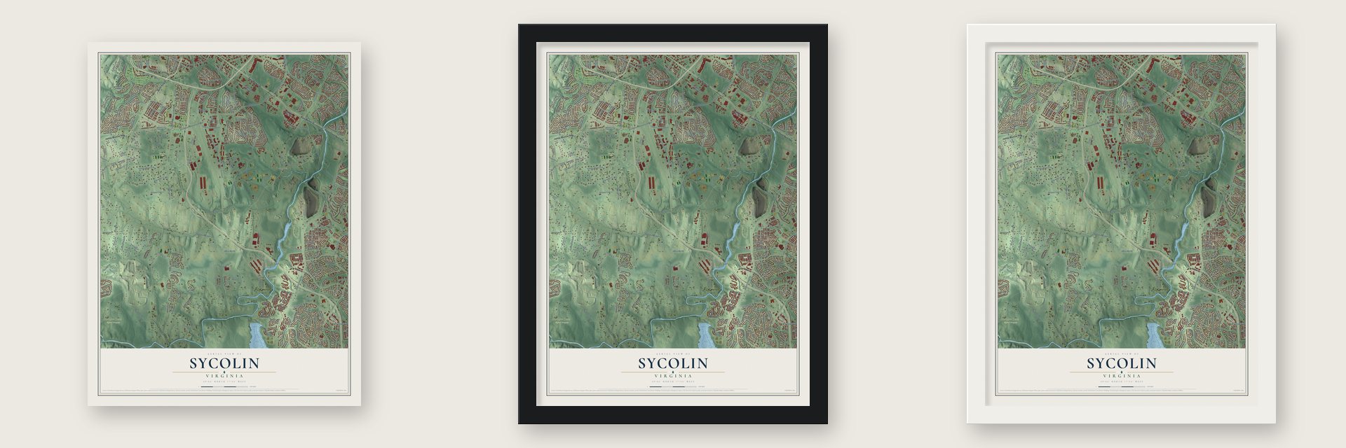 Sycolin, Virginia map unframed, in a black wood frame and in a white wood frame