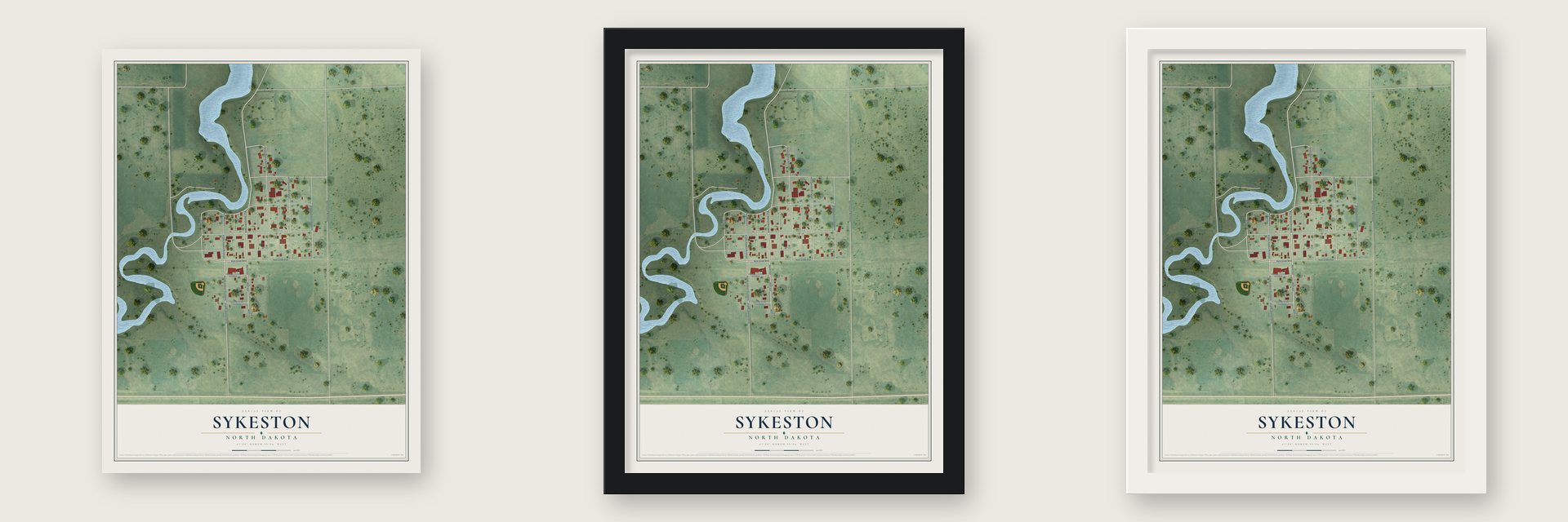 Sykeston, North Dakota map unframed, in a black wood frame and in a white wood frame
