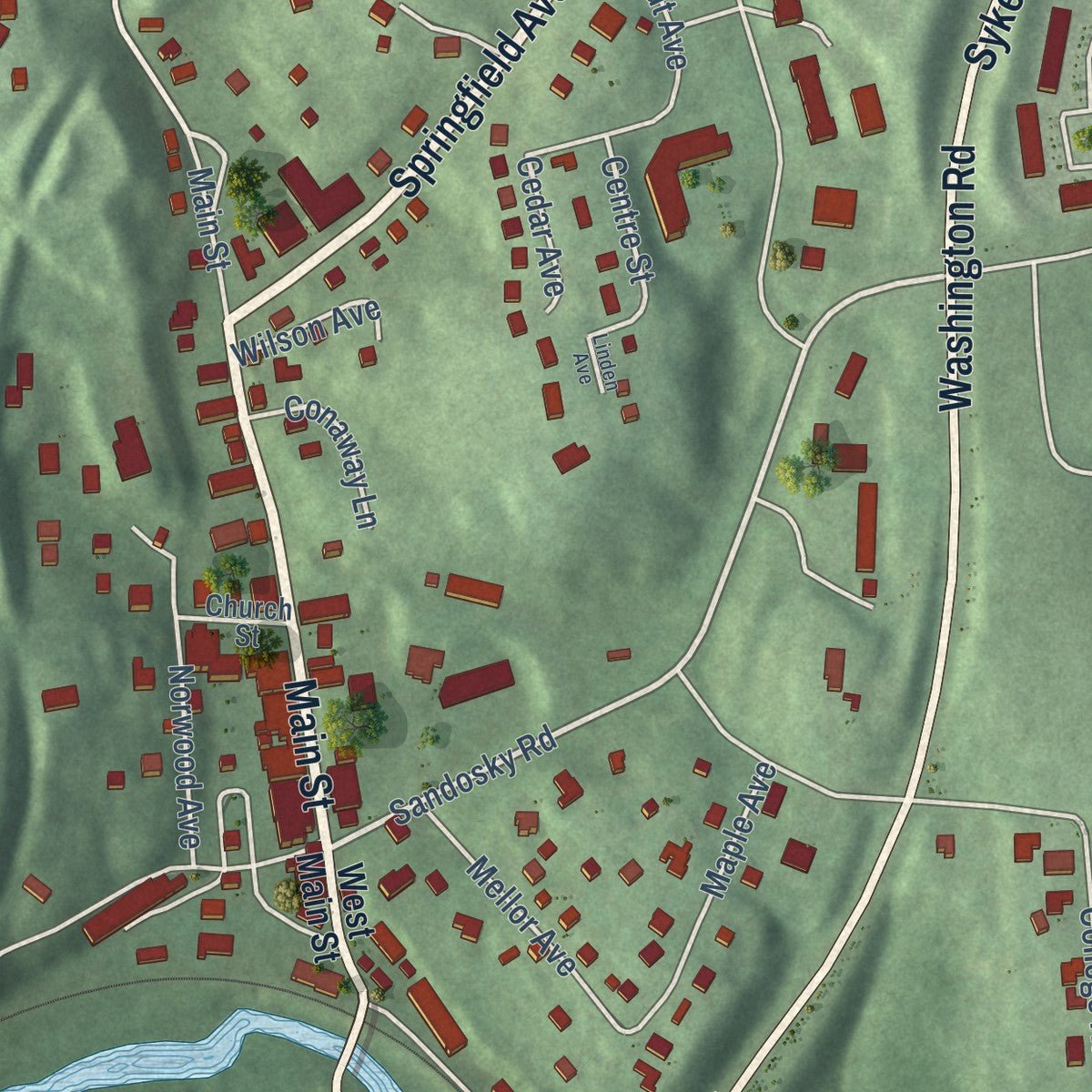 Second close-up of the map of Sykesville, Maryland print showing more streets and buildings