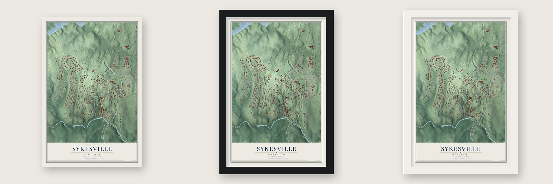 Sykesville, Maryland map unframed, in a black wood frame and in a white wood frame