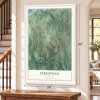 Sykesville, Maryland map, 24 x 36 inch print in a white frame by a staircase