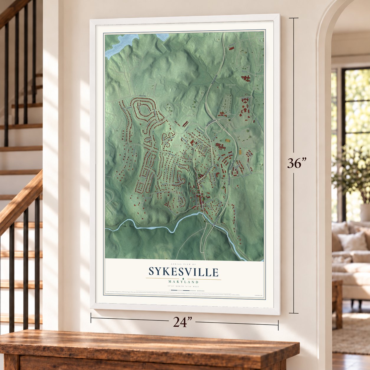 Sykesville, Maryland map, 24 x 36 inch print in a white frame by a staircase