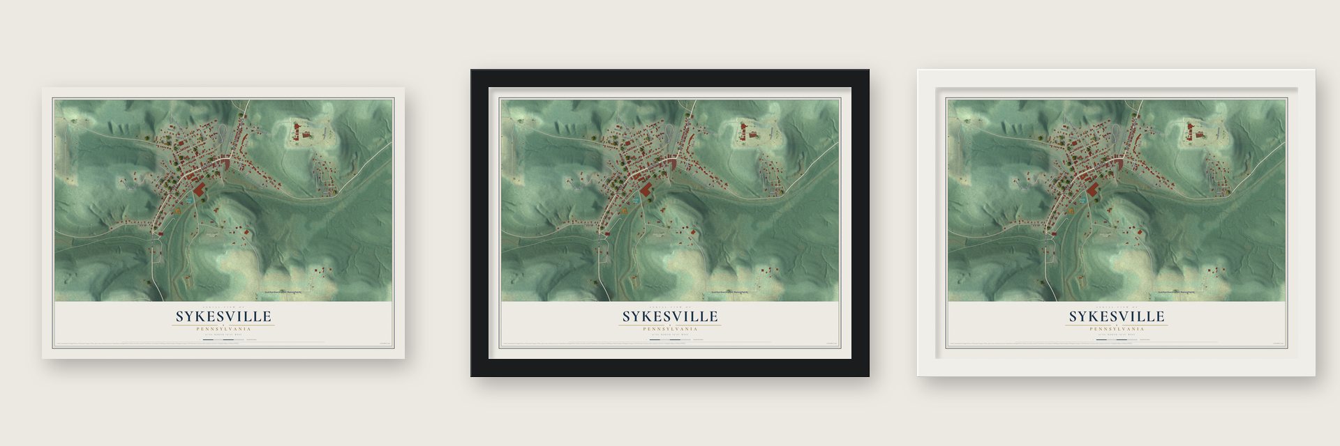Sykesville, Pennsylvania map unframed, in a black wood frame and in a white wood frame