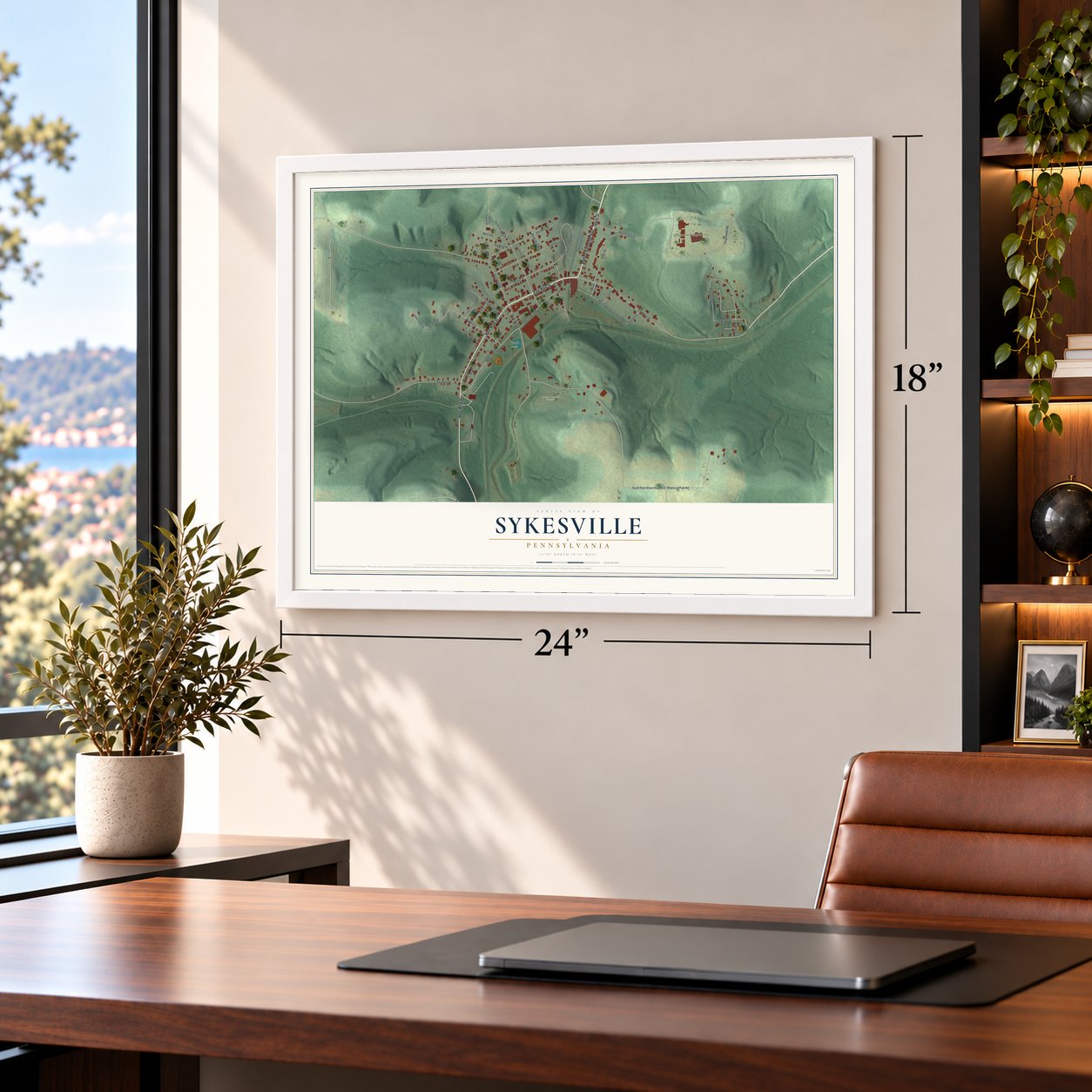 Sykesville, Pennsylvania map, 18 x 24 inch print in a white frame in a home office