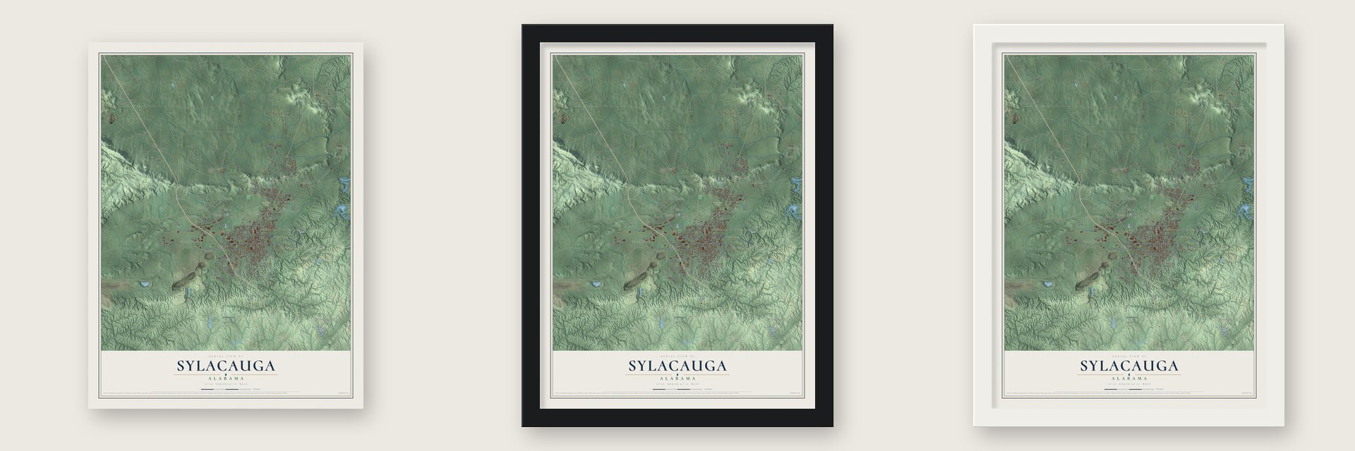 Sylacauga, Alabama map unframed, in a black wood frame and in a white wood frame