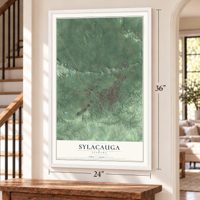 Sylacauga, Alabama map, 24 x 36 inch print in a white frame by a staircase