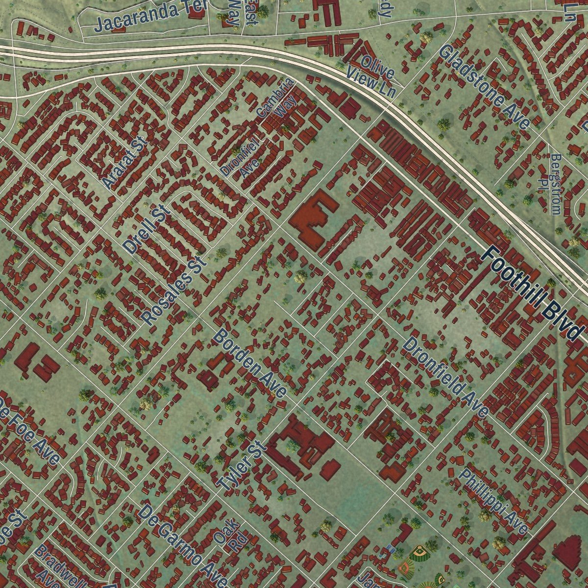Second close-up of the map of Sylmar, California print showing more streets and buildings