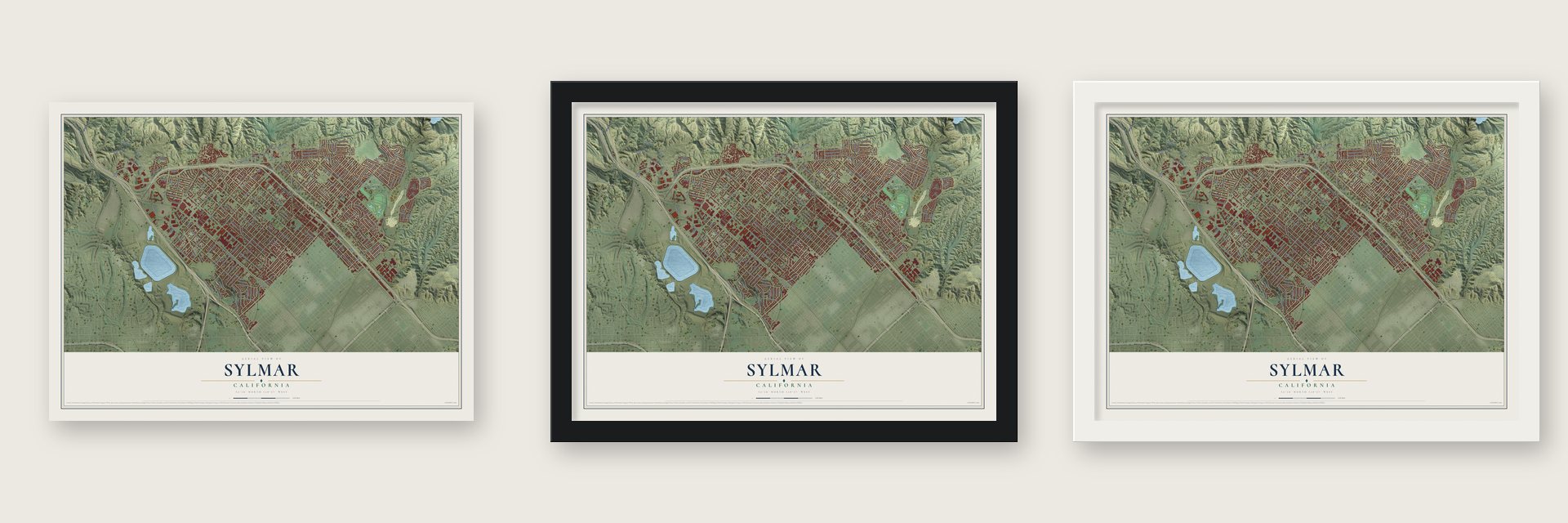 Sylmar, California map unframed, in a black wood frame and in a white wood frame