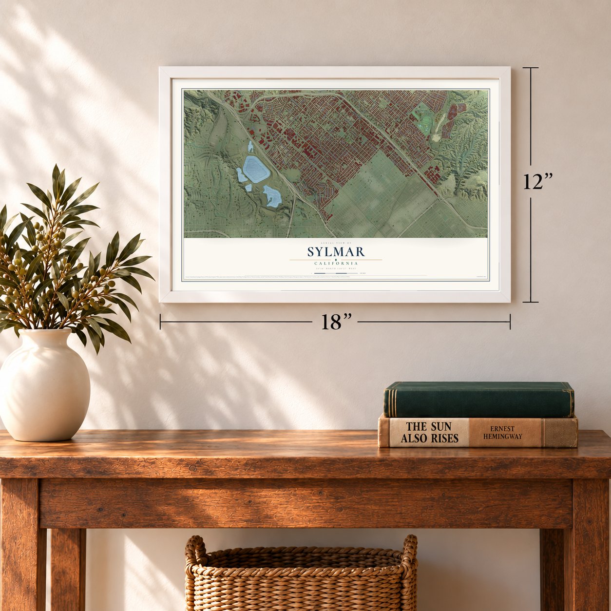 Sylmar, California map, 12 x 18 inch print in a white frame in an entryway