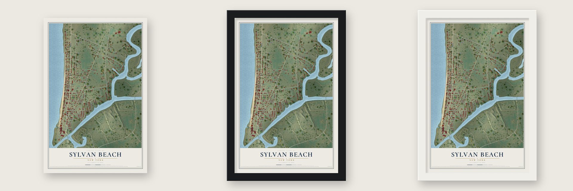 Sylvan Beach, New York map unframed, in a black wood frame and in a white wood frame