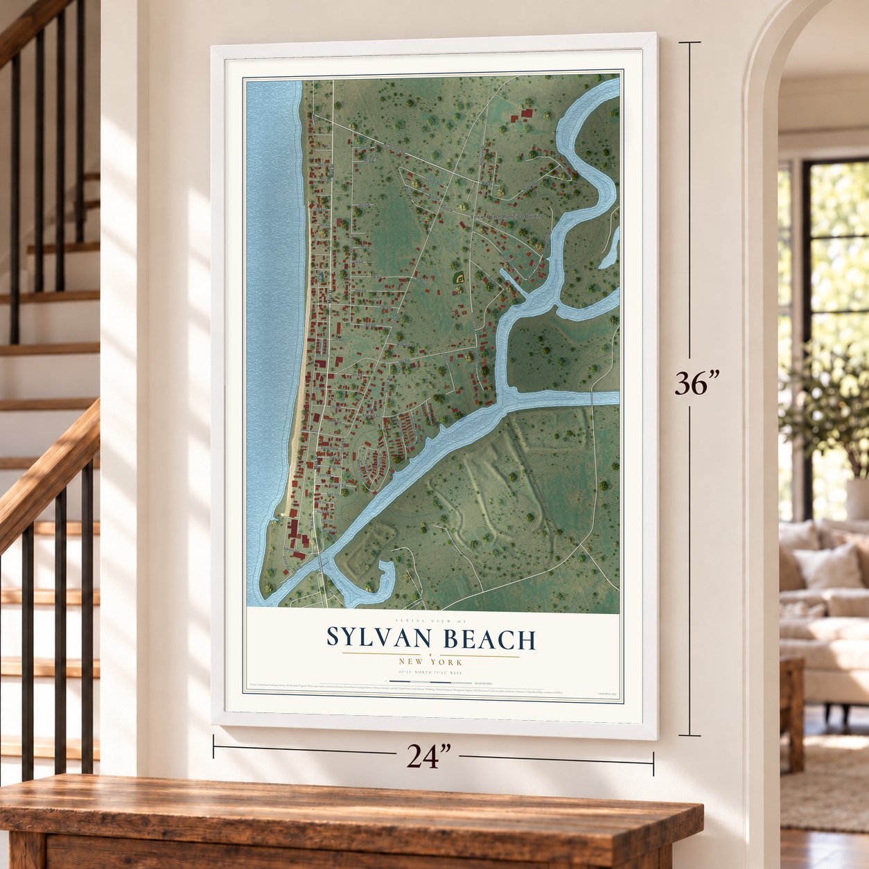 Sylvan Beach, New York map, 24 x 36 inch print in a white frame by a staircase