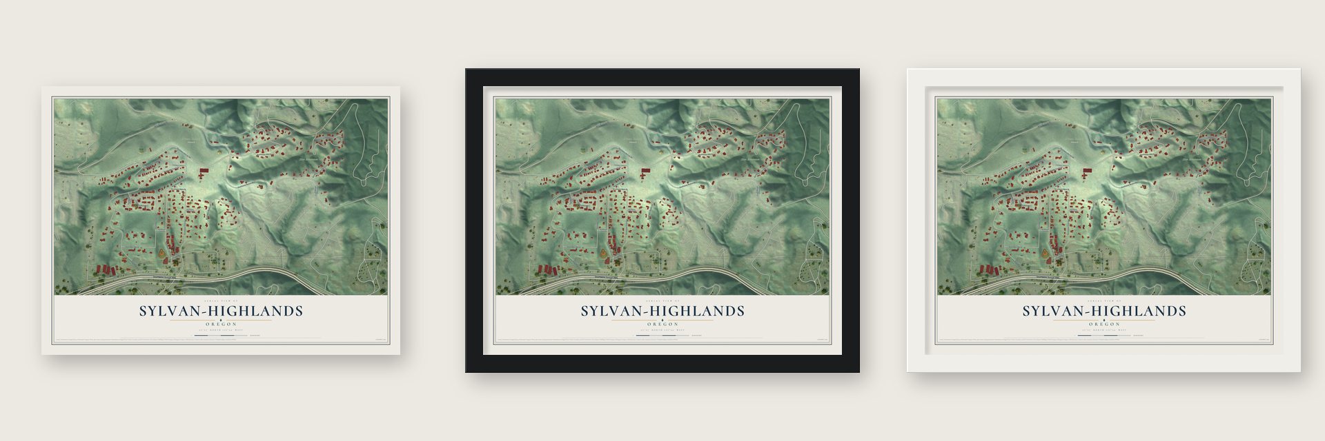 Sylvan-Highlands, Oregon map unframed, in a black wood frame and in a white wood frame
