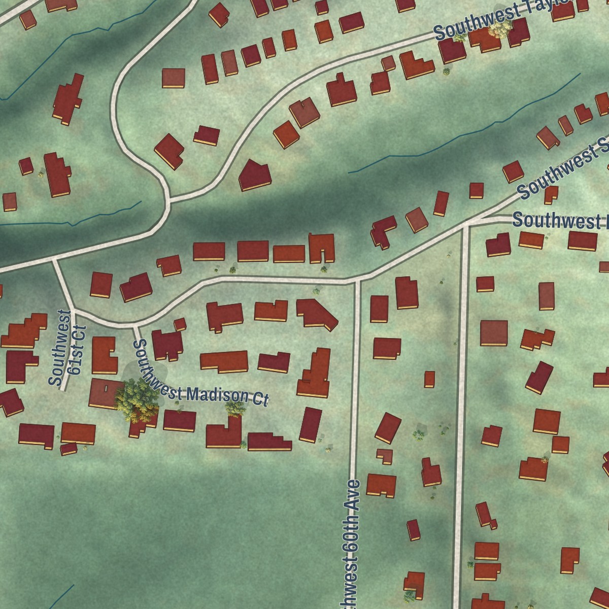 Second close-up of the map of Sylvan-Highlands, Oregon print showing more streets and buildings