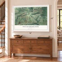 Sylvan-Highlands, Oregon map, 24 x 36 inch print in a white frame above a dresser by a staircase