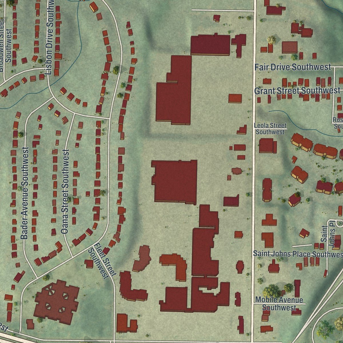Second close-up of the map of Sylvan Hills, Georgia print showing more streets and buildings