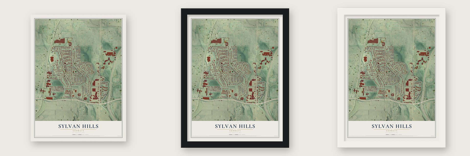 Sylvan Hills, Georgia map unframed, in a black wood frame and in a white wood frame