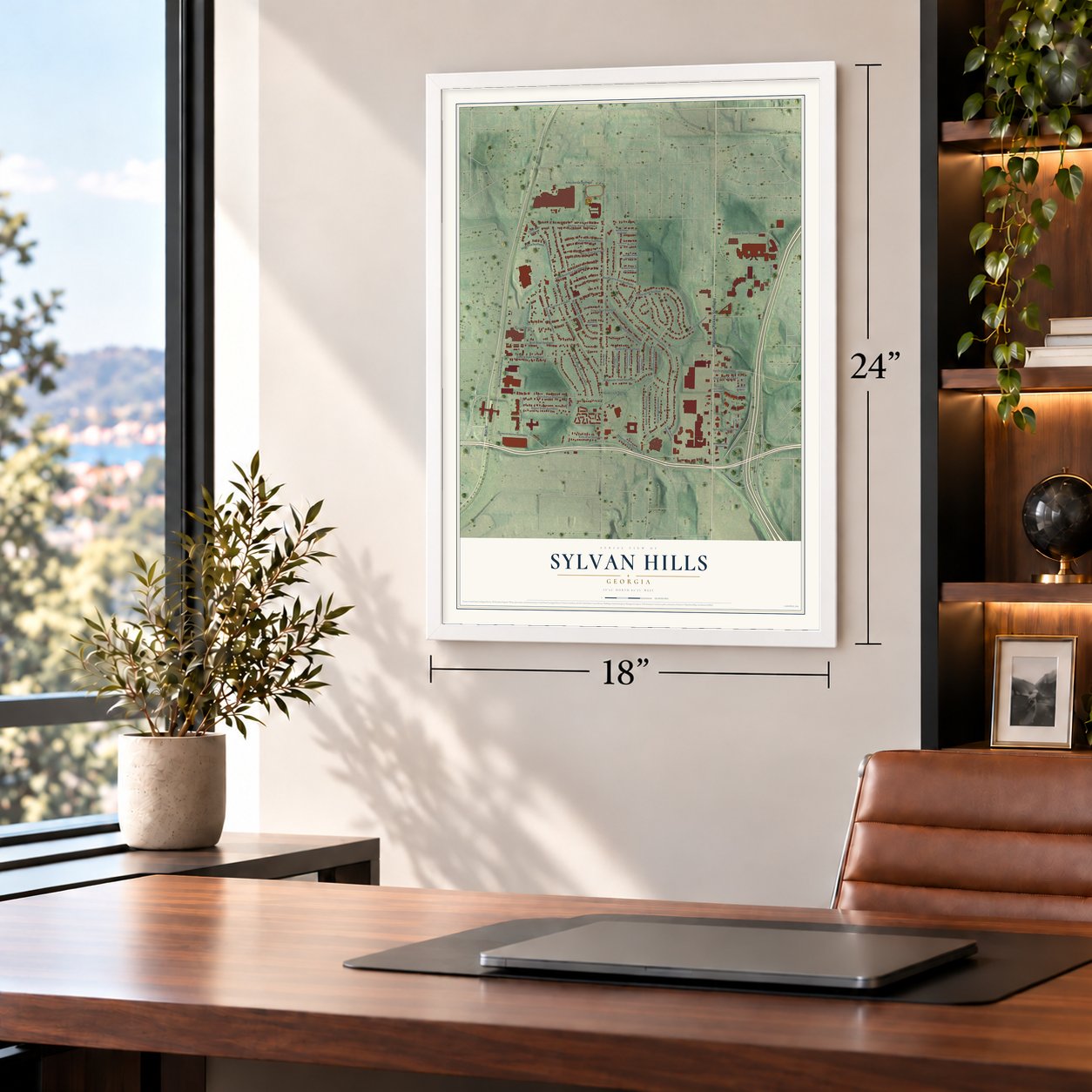 Sylvan Hills, Georgia map, 18 x 24 inch print in a white frame in a home office