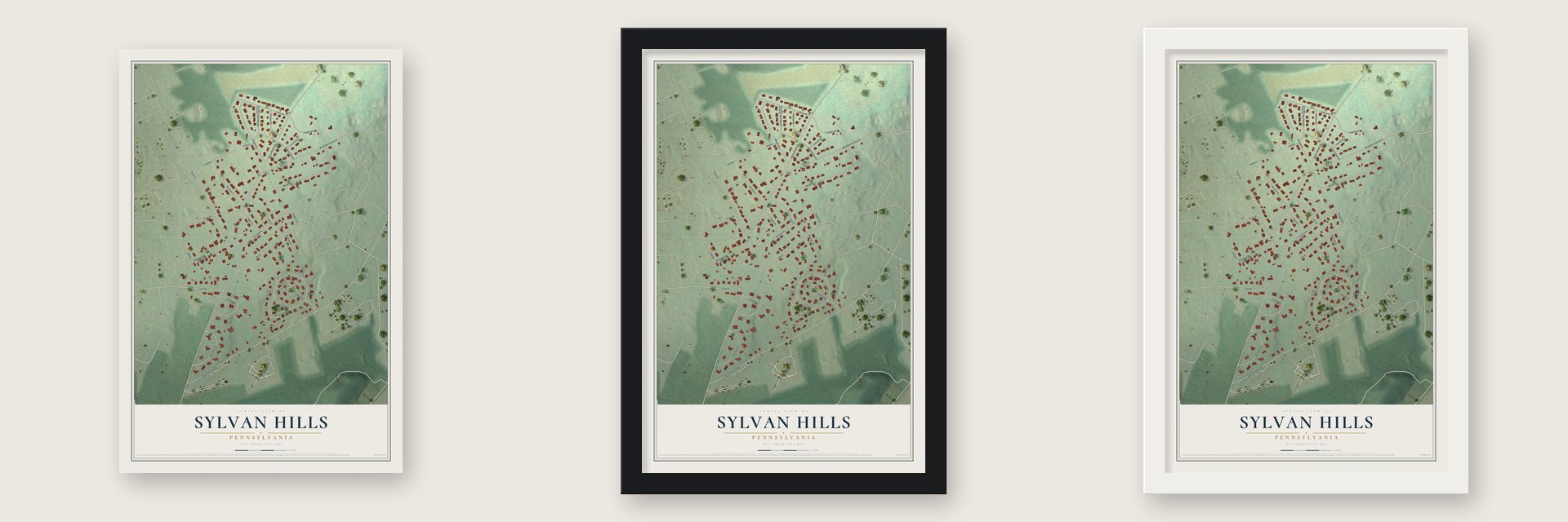 Sylvan Hills, Pennsylvania map unframed, in a black wood frame and in a white wood frame