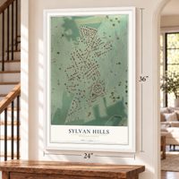 Sylvan Hills, Pennsylvania map, 24 x 36 inch print in a white frame by a staircase