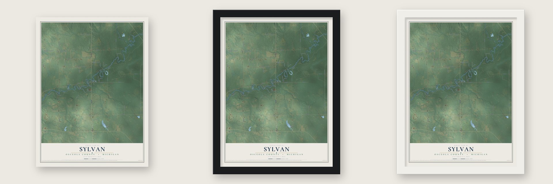 Sylvan, Osceola County, Michigan map unframed, in a black wood frame and in a white wood frame