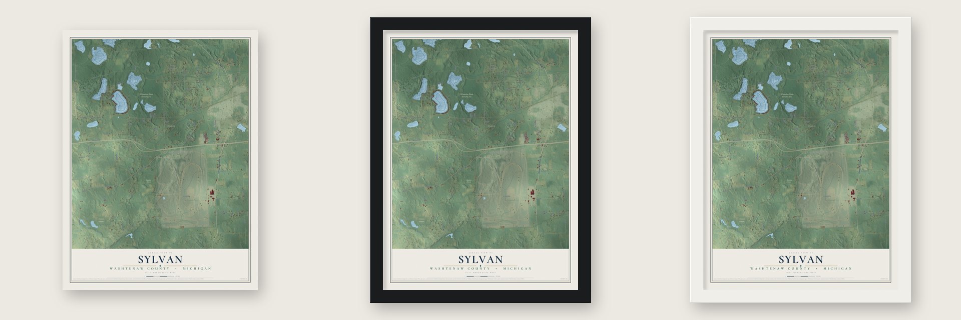 Sylvan, Washtenaw County, Michigan map unframed, in a black wood frame and in a white wood frame