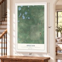 Sylvan, Washtenaw County, Michigan map, 24 x 36 inch print in a white frame by a staircase