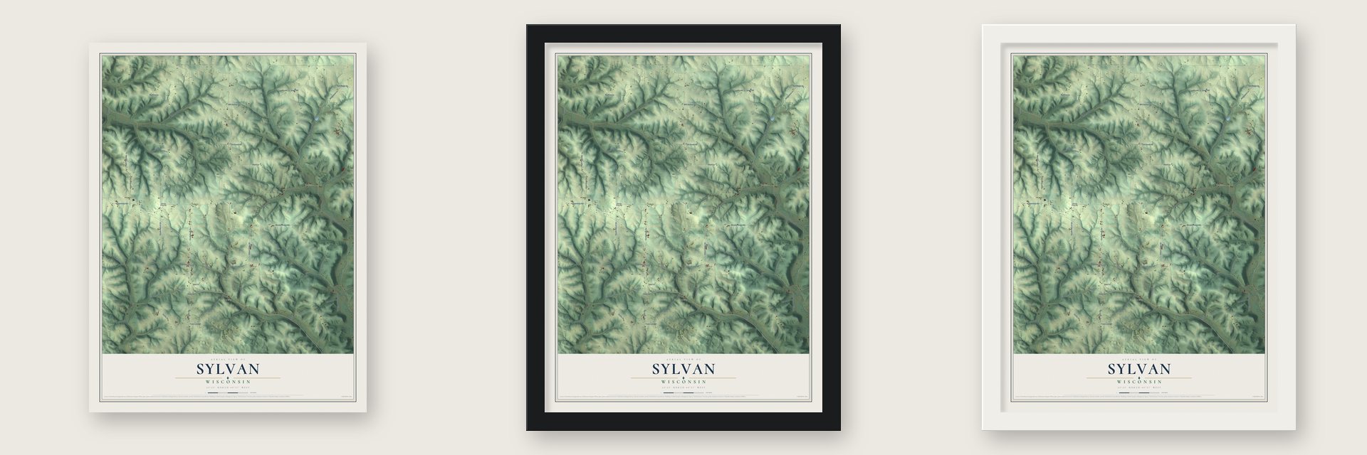 Sylvan, Wisconsin map unframed, in a black wood frame and in a white wood frame